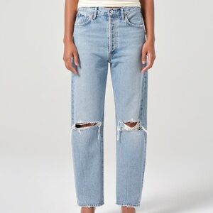 Agolde 90'S Mid Rise Straight Alter Light Wash Denim Ripped Button Fly Jeans 25